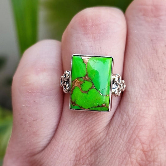 Green Turquoise Ring, 925 Sterling Silver Handmade Statement Ring, Green Copper Turquoise Gemstone Cushion Jewelry, Gift for Her Birthday