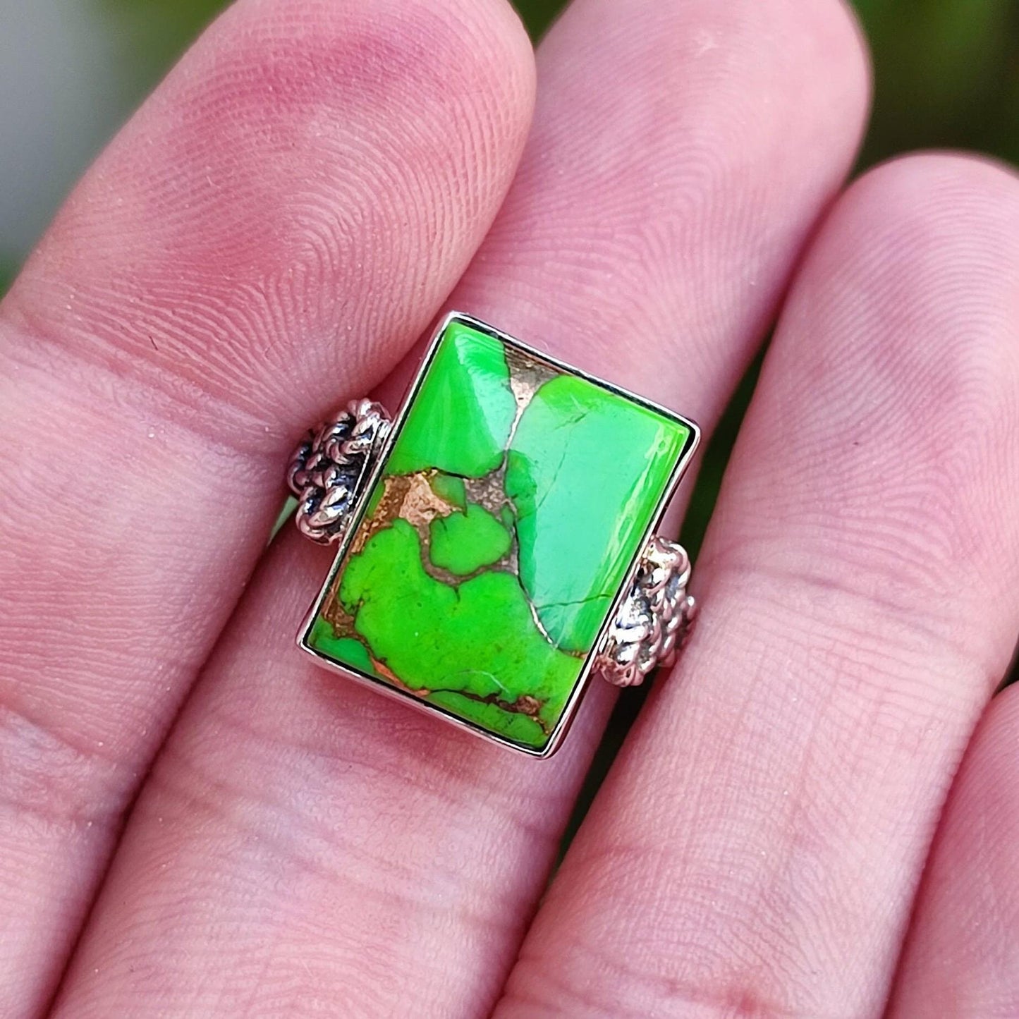 Green Turquoise Ring, 925 Sterling Silver Handmade Statement Ring, Green Copper Turquoise Gemstone Cushion Jewelry, Gift for Her Birthday