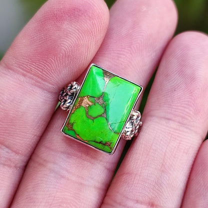 Green Turquoise Ring, 925 Sterling Silver Handmade Statement Ring, Green Copper Turquoise Gemstone Cushion Jewelry, Gift for Her Birthday