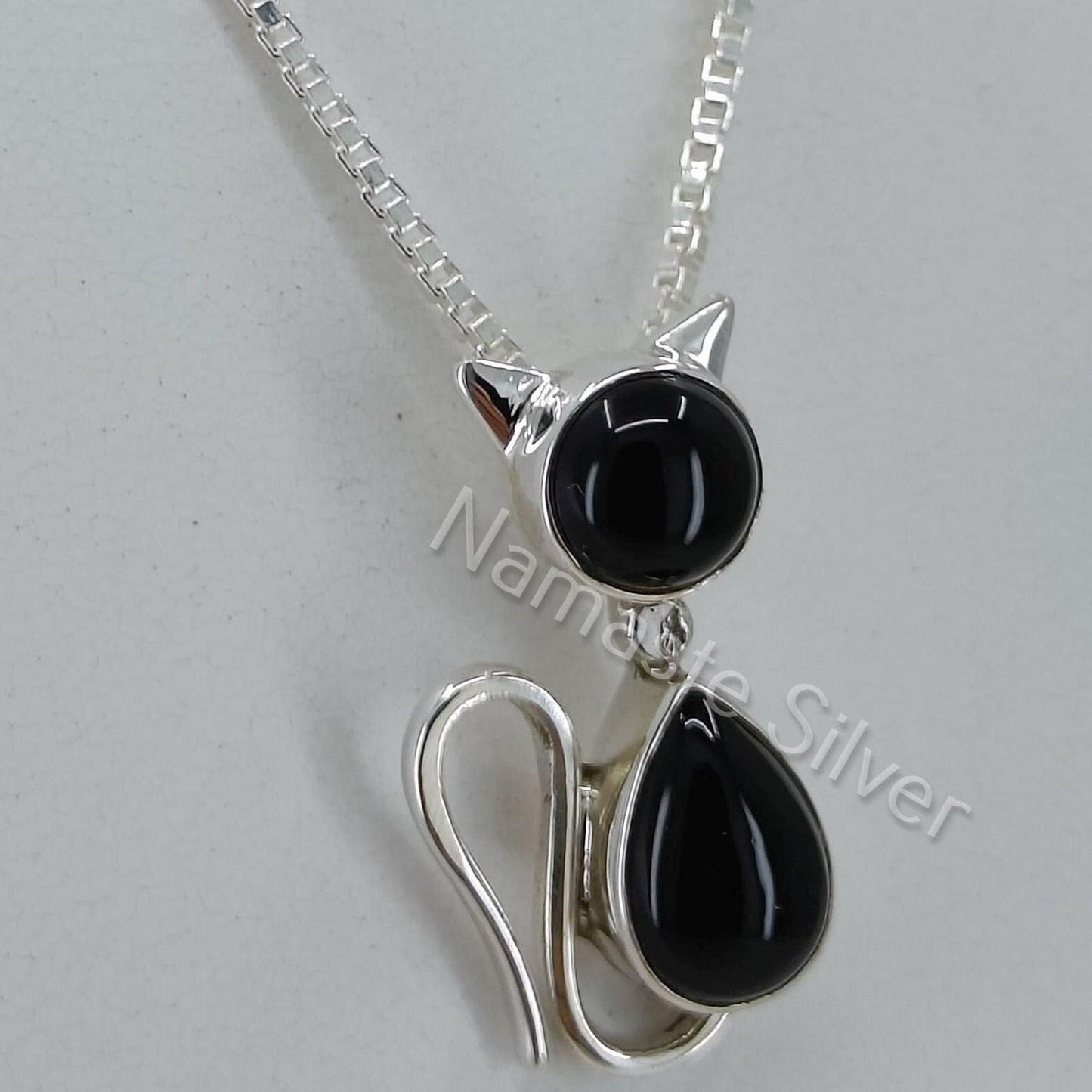 Black Onyx Cat Necklace, 925 Sterling Silver Pendant Chain, Natural Onyx Gemstone locket Handmade Jewelry, July Birthstone, Gift for Her