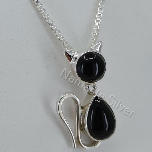 Black Onyx Cat Necklace, 925 Sterling Silver Pendant Chain, Natural Onyx Gemstone locket Handmade Jewelry, July Birthstone, Gift for Her