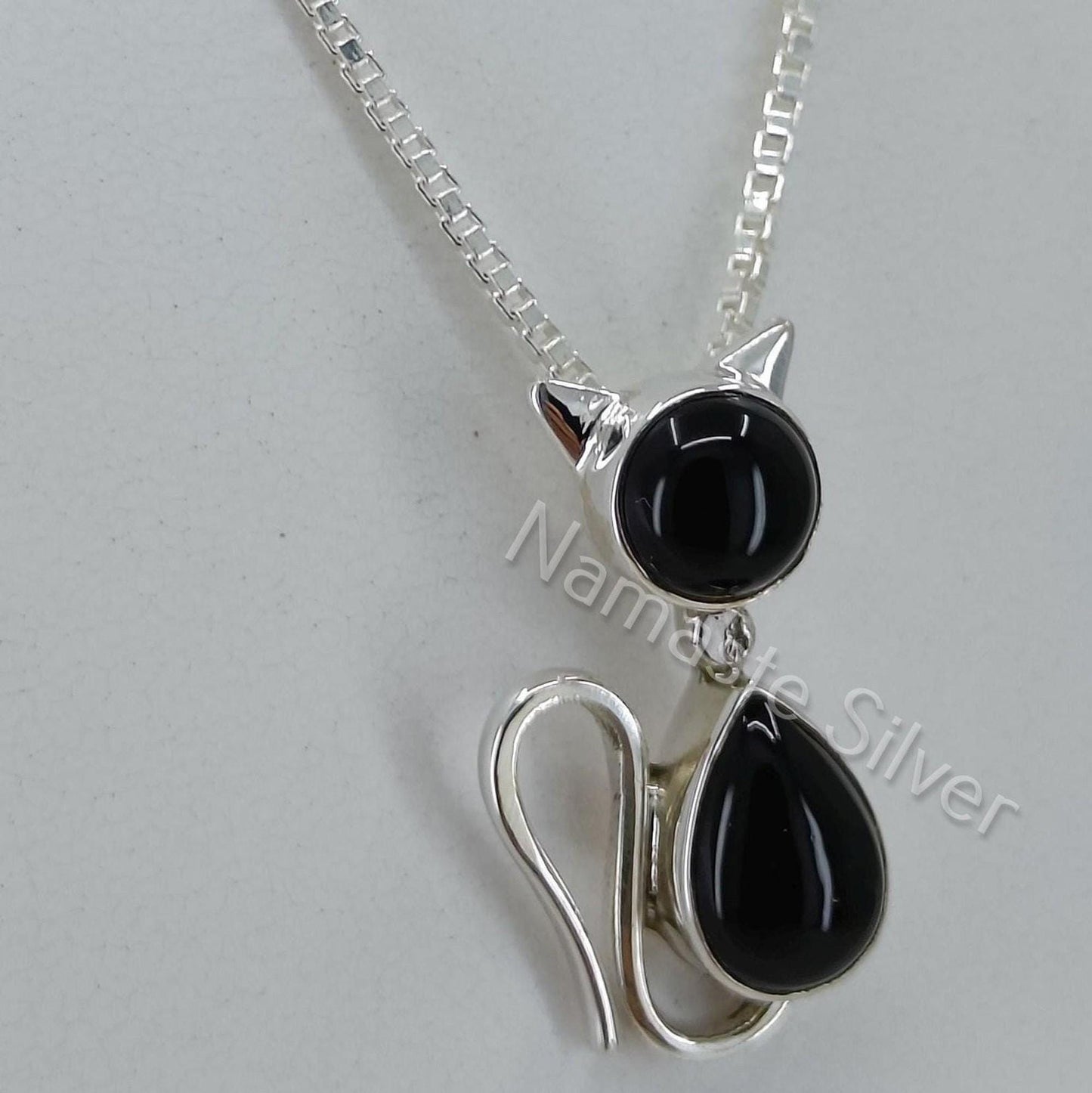 Black Onyx Cat Necklace, 925 Sterling Silver Pendant Chain, Natural Onyx Gemstone locket Handmade Jewelry, July Birthstone, Gift for Her