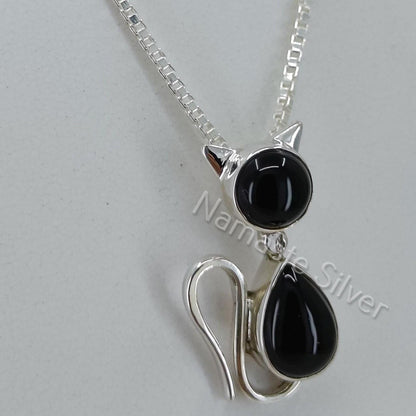 Black Onyx Cat Necklace, 925 Sterling Silver Pendant Chain, Natural Onyx Gemstone locket Handmade Jewelry, July Birthstone, Gift for Her