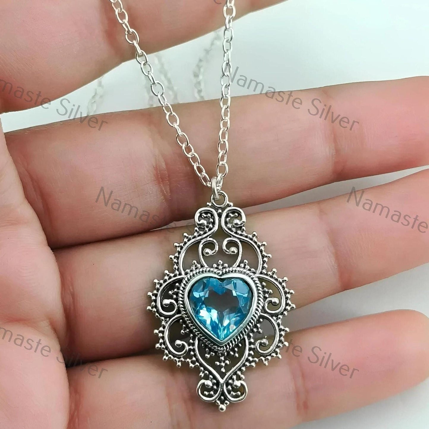 Blue Topaz Necklace, 925 Sterling Silver Pendant, Natural Blue Topaz Heart Shape Gemstone Handmade Jewelry, December Birthstone Gift for Her