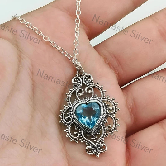 Blue Topaz Necklace, 925 Sterling Silver Pendant, Natural Blue Topaz Heart Shape Gemstone Handmade Jewelry, December Birthstone Gift for Her