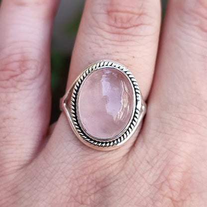 Rose Quartz Ring, 925 Sterling Silver Handmade Promise Ring, Natural Pink Gemstone Oval Jewelry, January Birthstone, Gift for Her Birthday