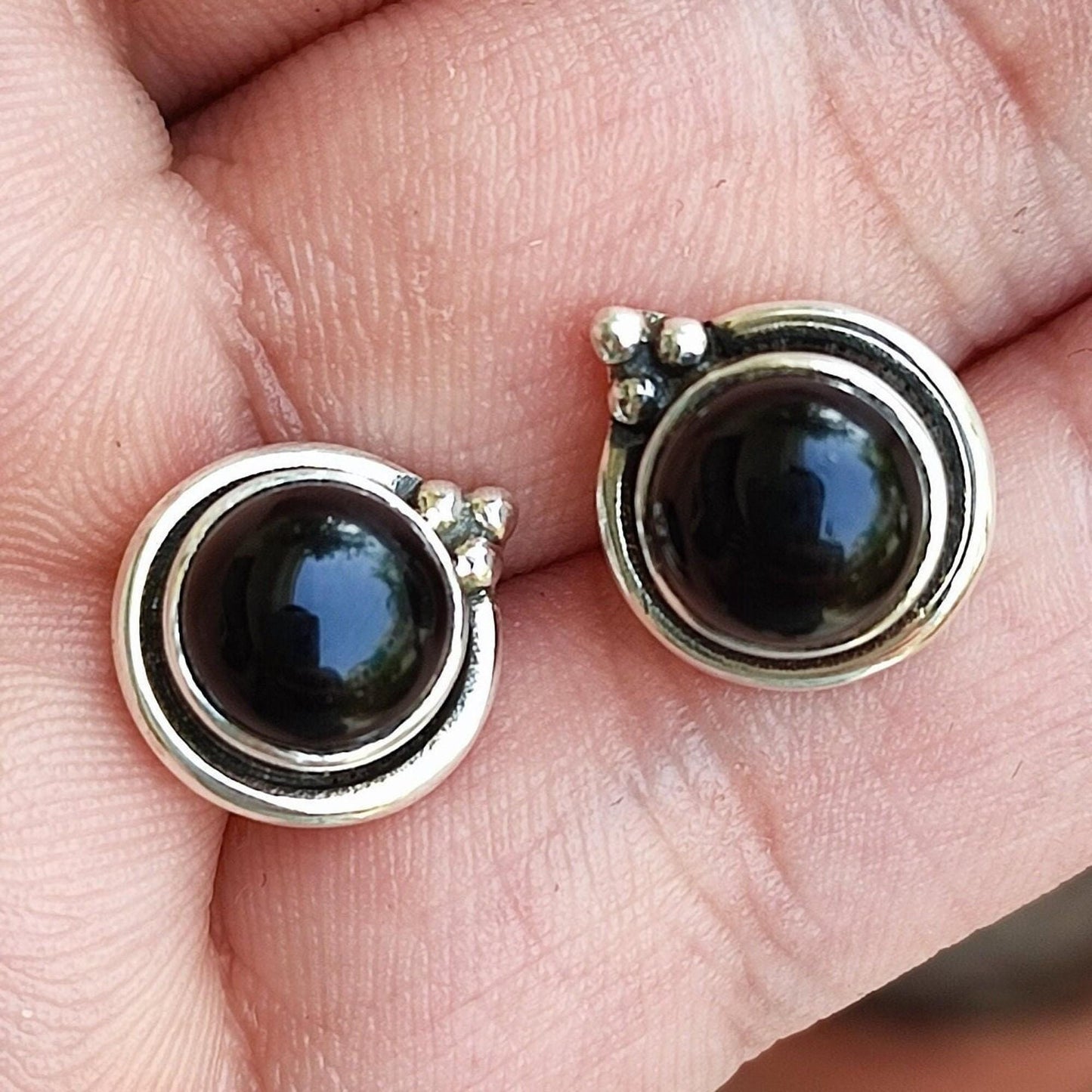 Black Onyx Earrings, 925 Sterling Silver Stud Posts, Natural Black Onyx Round Gemstone Handmade Boho Jewelry, July Birthstone, Gift for Her