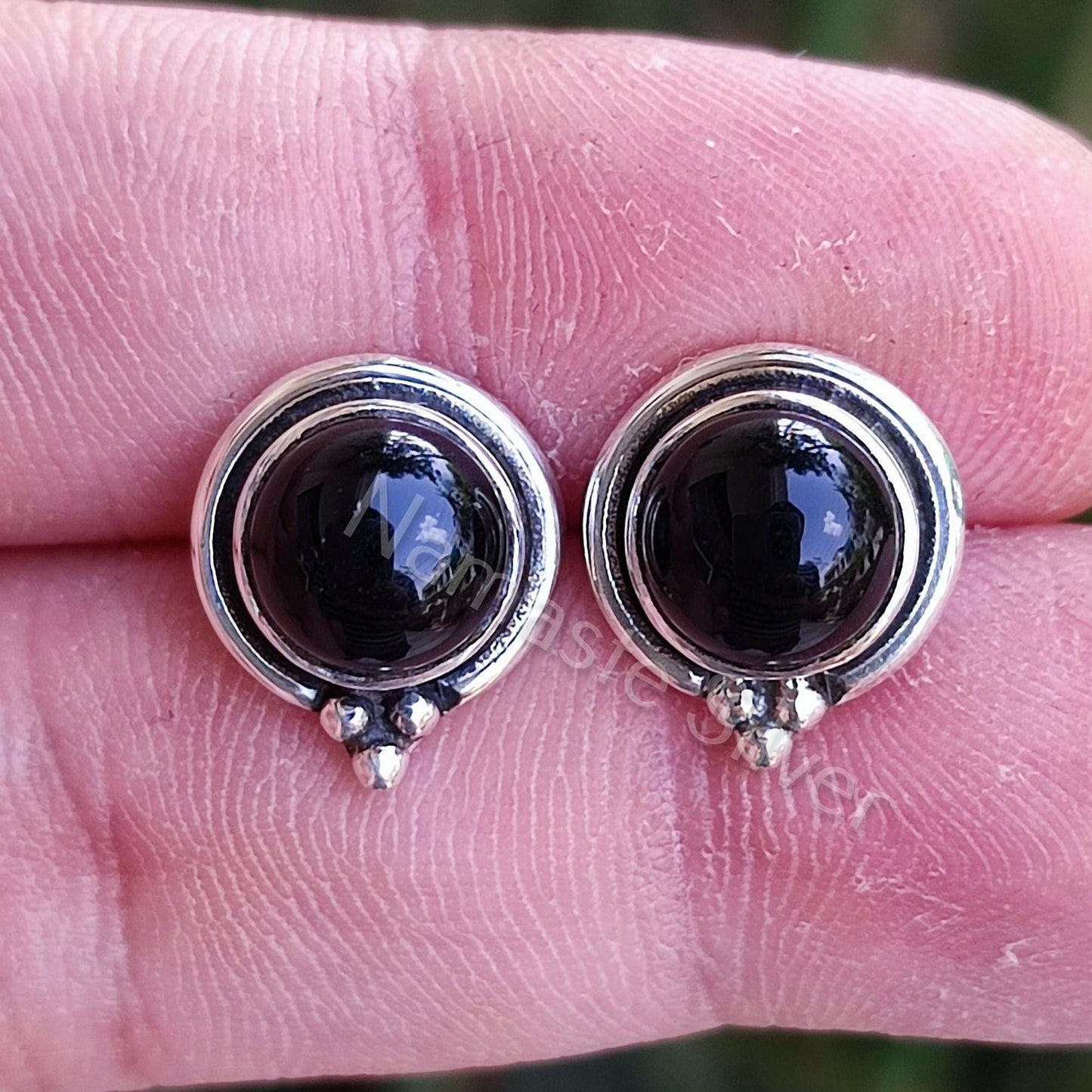Black Onyx Earrings, 925 Sterling Silver Stud Posts, Natural Black Onyx Round Gemstone Handmade Boho Jewelry, July Birthstone, Gift for Her