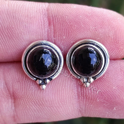 Black Onyx Earrings, 925 Sterling Silver Stud Posts, Natural Black Onyx Round Gemstone Handmade Boho Jewelry, July Birthstone, Gift for Her
