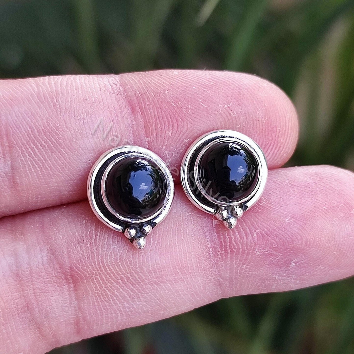 Black Onyx Earrings, 925 Sterling Silver Stud Posts, Natural Black Onyx Round Gemstone Handmade Boho Jewelry, July Birthstone, Gift for Her