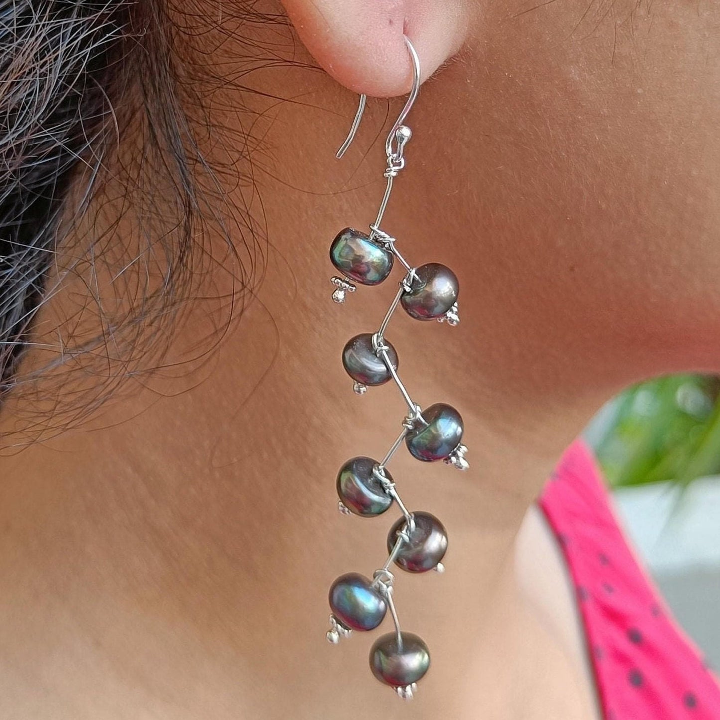 Pearl Earrings, 925 Sterling Silver Dangle Earrings, Freshwater Peacock Black Pearl Handmade Boho Jewelry, June Birthstone Gift for Her