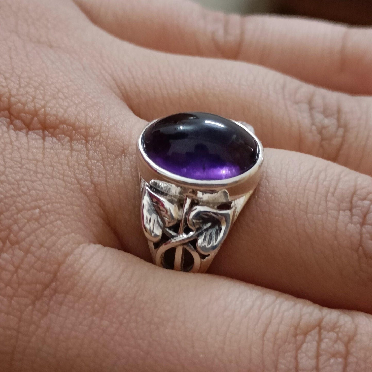 Amethyst Ring, 925 Sterling Silver Handmade Statement Leaf Ring, Natural Purple Gemstone Oval Boho Jewelry, February Birthstone Gift for her