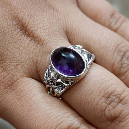 Amethyst Ring, 925 Sterling Silver Handmade Statement Leaf Ring, Natural Purple Gemstone Oval Boho Jewelry, February Birthstone Gift for her