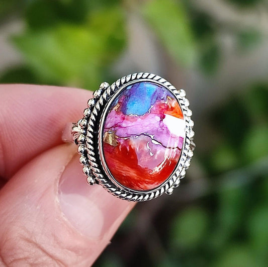 Oyster Copper Turquoise Ring,925 Sterling Silver Statement Promise Ring, Oyster Copper Turquoise Oval Handmade Boho Jewelry, Gift for Her