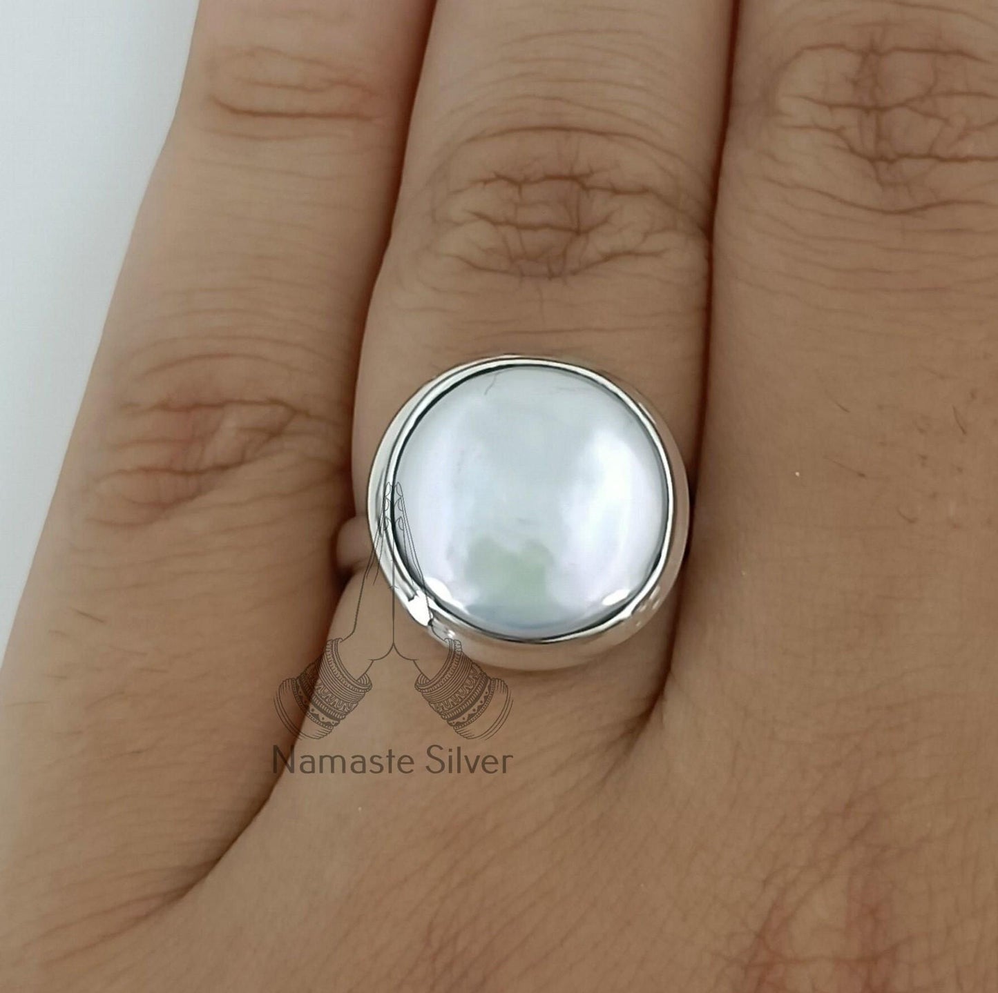 Coin Pearl Ring, 925 Sterling Silver Statement Promise Ring, Freshwater Coin Pearl Handmade Boho Jewelry, June Birthstone, Gift for her