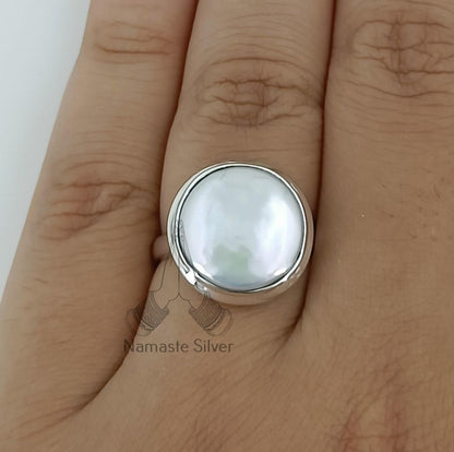 Coin Pearl Ring, 925 Sterling Silver Statement Promise Ring, Freshwater Coin Pearl Handmade Boho Jewelry, June Birthstone, Gift for her