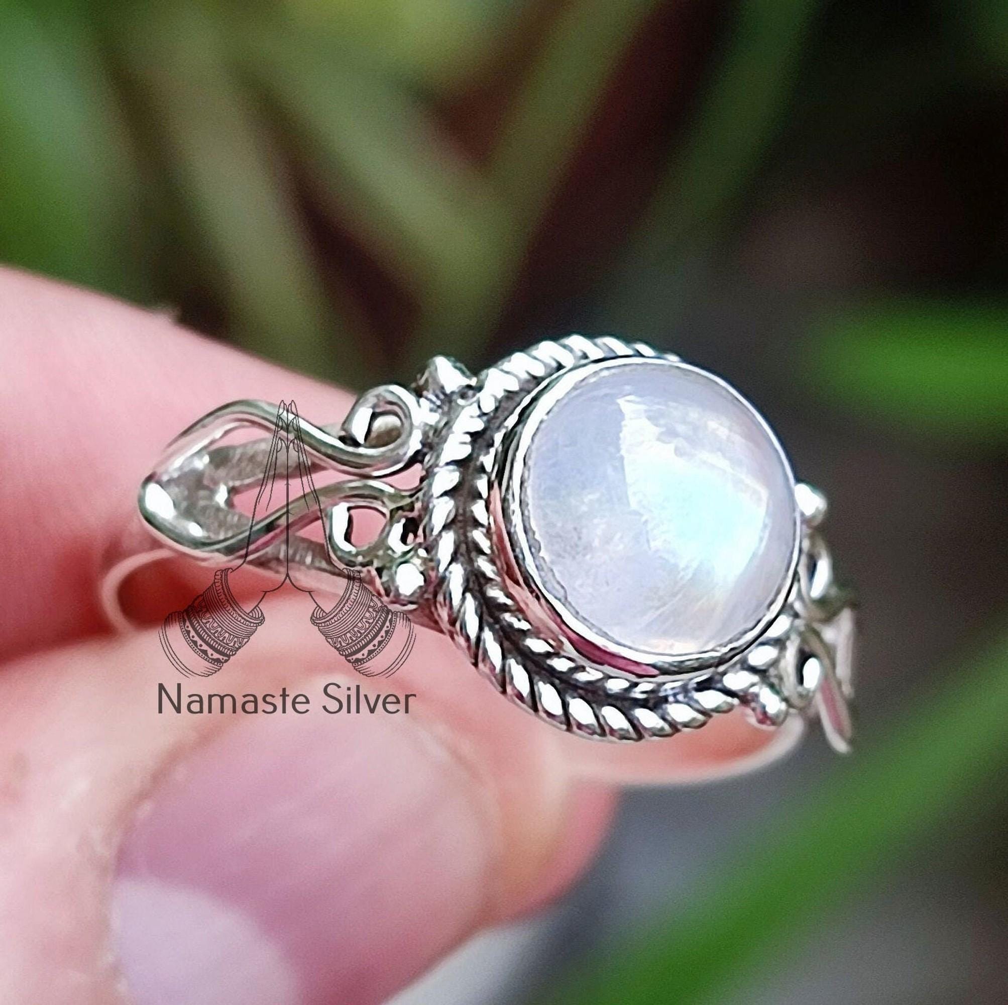 Rainbow Moonstone Ring, Sterling Silver Rings for Women, June Birthstone, Natural Moonstone Round Gemstone Handmade Jewelry, Gift for her