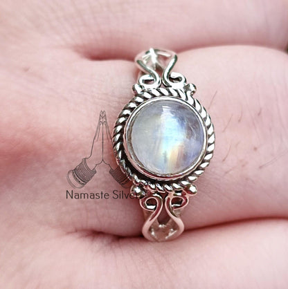 Rainbow Moonstone Ring, Sterling Silver Rings for Women, June Birthstone, Natural Moonstone Round Gemstone Handmade Jewelry, Gift for her