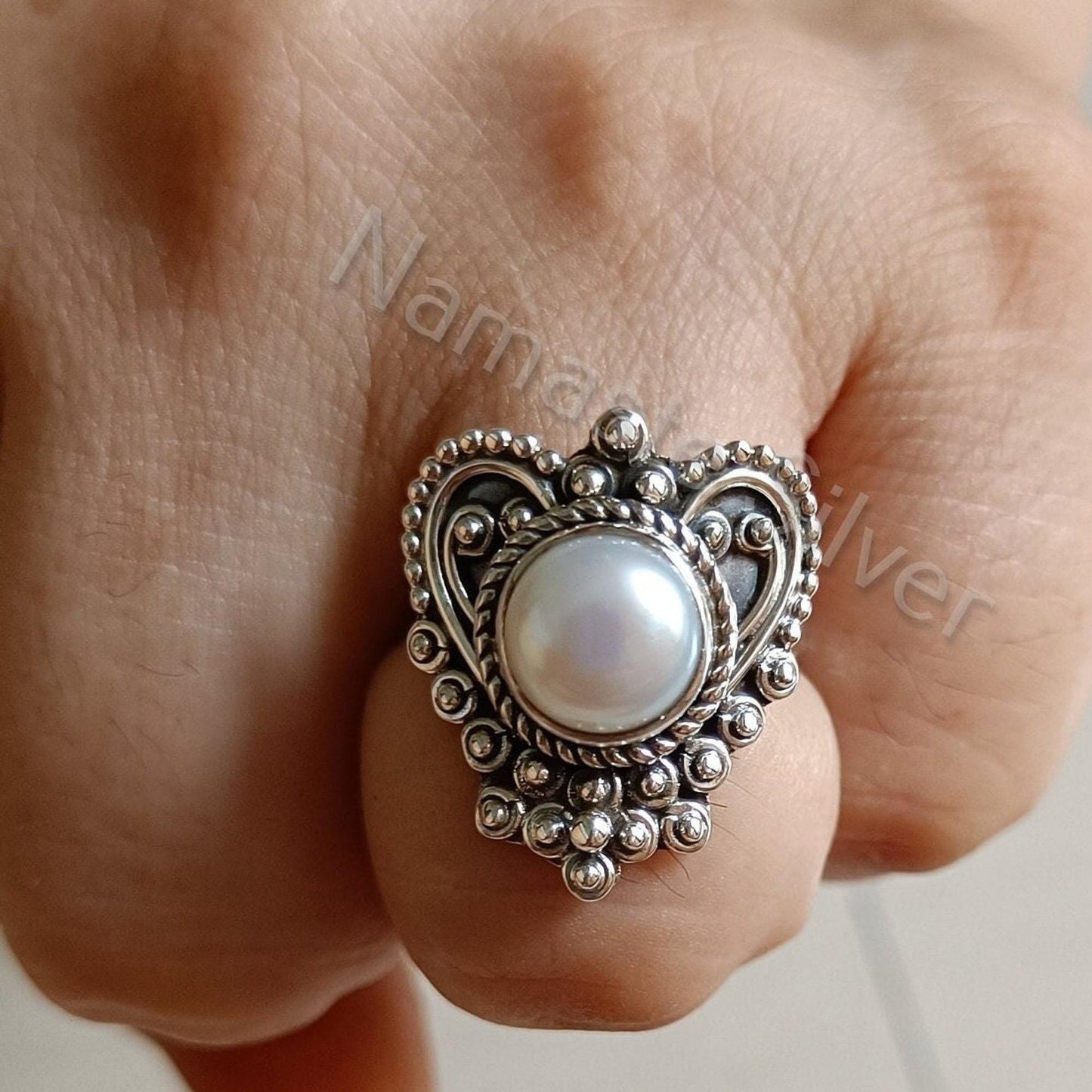 Pearl Ring, 925 Sterling Silver Promise Ring for Women, Freshwater Pearl Handmade Heart Shape Jewelry, June Birthstone, Unique Gift For Her