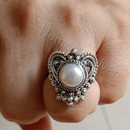 Pearl Ring, 925 Sterling Silver Promise Ring for Women, Freshwater Pearl Handmade Heart Shape Jewelry, June Birthstone, Unique Gift For Her