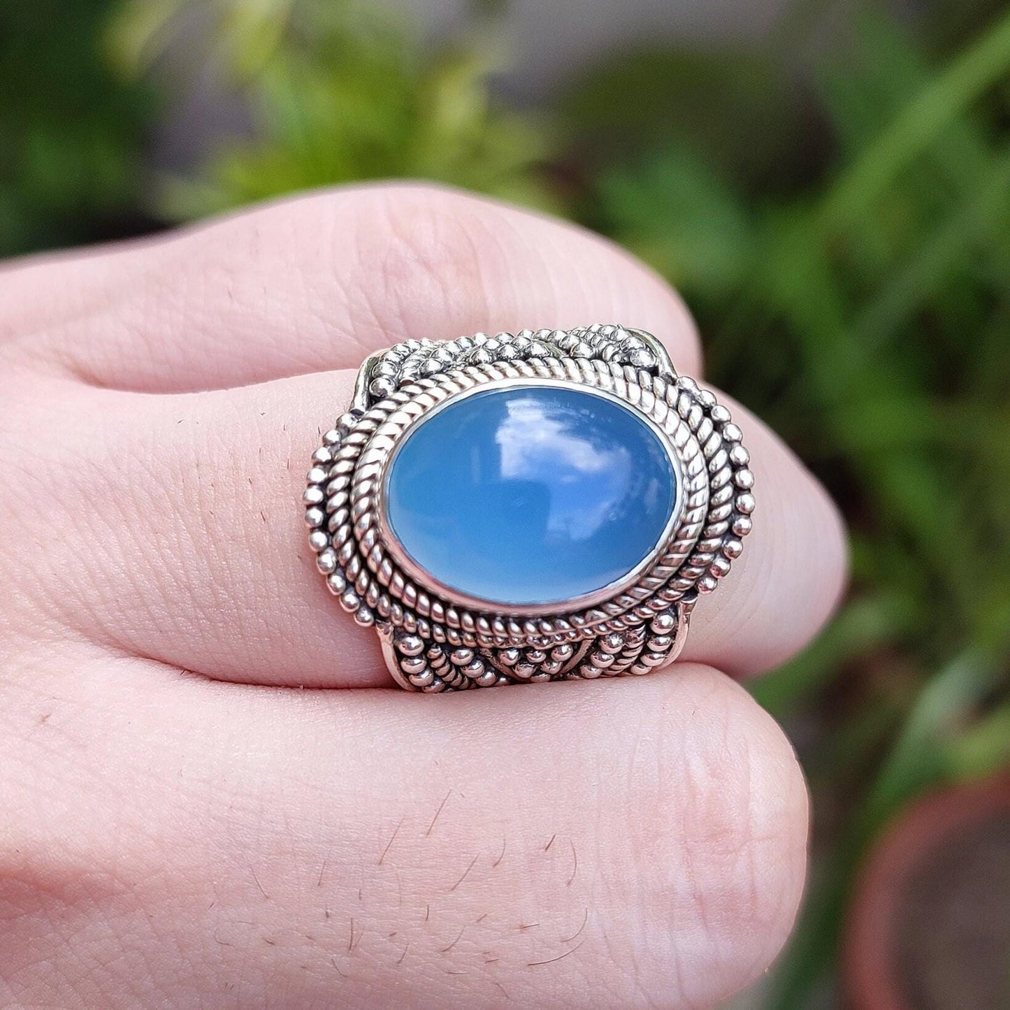 Natural Chalcedony Oval Stone Silver Ring | 925 Sterling Silver Statement Ring | Gemstone Handmade Jewelry | May Birthstone Gift for Her
