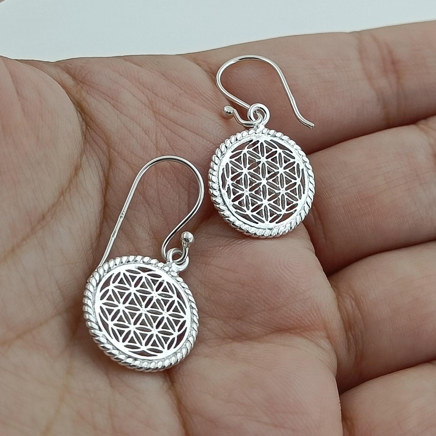 Flower of Life Earrings, 925 Sterling Silver Handmade Dangle Earrings, Flower of Life Circle Jewelry, Gift for Her Birthday Anniversary