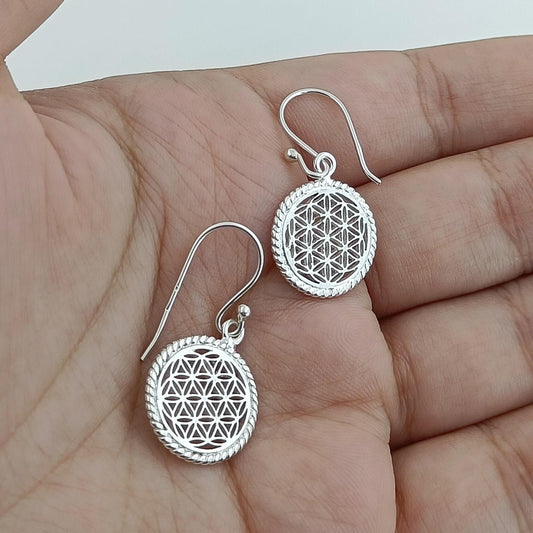 Flower of Life Earrings, 925 Sterling Silver Handmade Dangle Earrings, Flower of Life Circle Jewelry, Gift for Her Birthday Anniversary