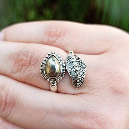 Pyrite Ring, 925 Sterling Silver Fools Gold Ring, Adjustable Promise Leaf Ring, Natural Pyrite Pear Shape Handmade Jewelry, Gift For Her
