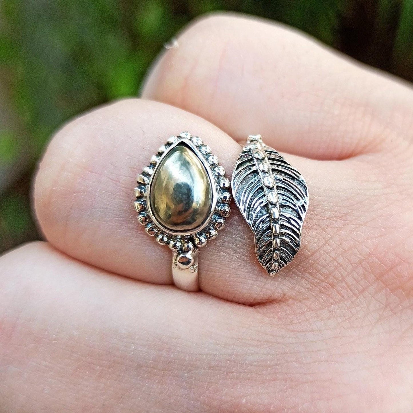 Pyrite Ring, 925 Sterling Silver Fools Gold Ring, Adjustable Promise Leaf Ring, Natural Pyrite Pear Shape Handmade Jewelry, Gift For Her
