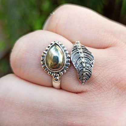 Pyrite Ring, 925 Sterling Silver Fools Gold Ring, Adjustable Promise Leaf Ring, Natural Pyrite Pear Shape Handmade Jewelry, Gift For Her