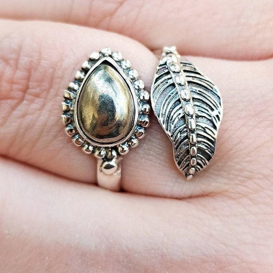 Pyrite Ring, 925 Sterling Silver Fools Gold Ring, Adjustable Promise Leaf Ring, Natural Pyrite Pear Shape Handmade Jewelry, Gift For Her