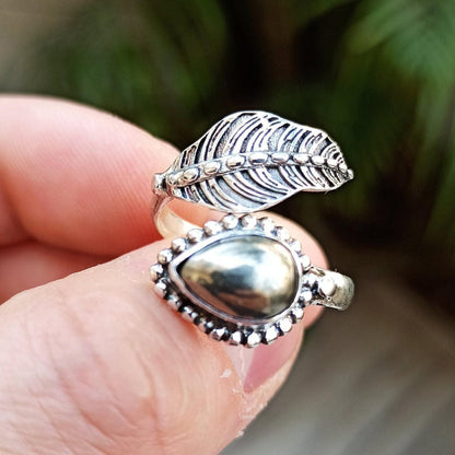 Pyrite Ring, 925 Sterling Silver Fools Gold Ring, Adjustable Promise Leaf Ring, Natural Pyrite Pear Shape Handmade Jewelry, Gift For Her
