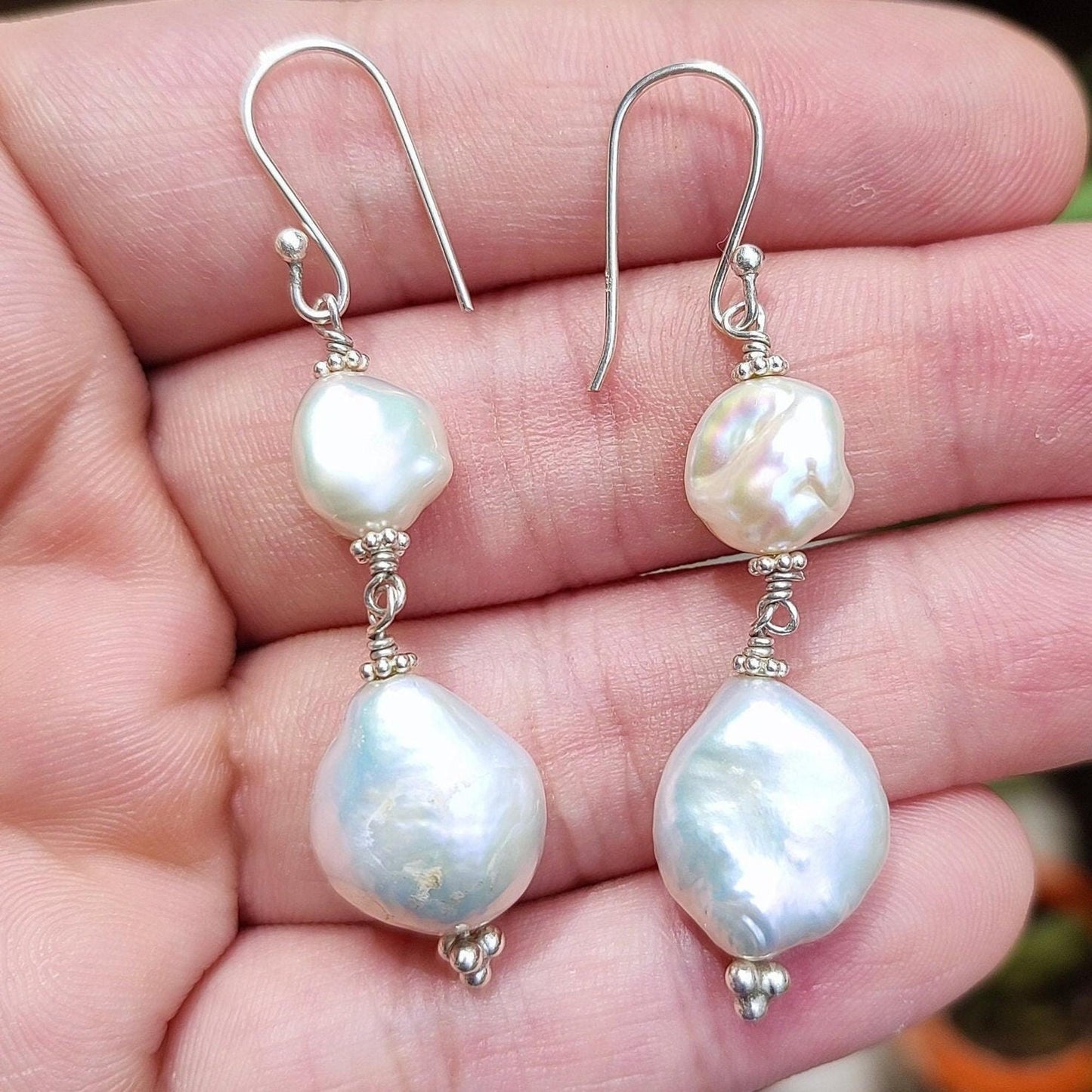 Pearl Earrings, 925 Sterling Silver Dangle Drop Earrings, Dual Freshwater Baroque Pearl Handmade Boho Jewelry, June Birthstone, Gift for her