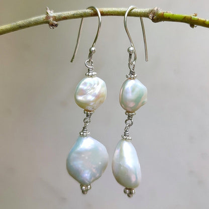 Pearl Earrings, 925 Sterling Silver Dangle Drop Earrings, Dual Freshwater Baroque Pearl Handmade Boho Jewelry, June Birthstone, Gift for her