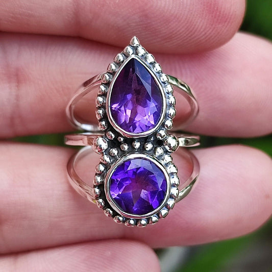 Amethyst Ring, 925 Sterling Silver Statement Promise Ring, Natural Purple Dual Gemstone Handmade Jewelry, February Birthstone, Gift For Her