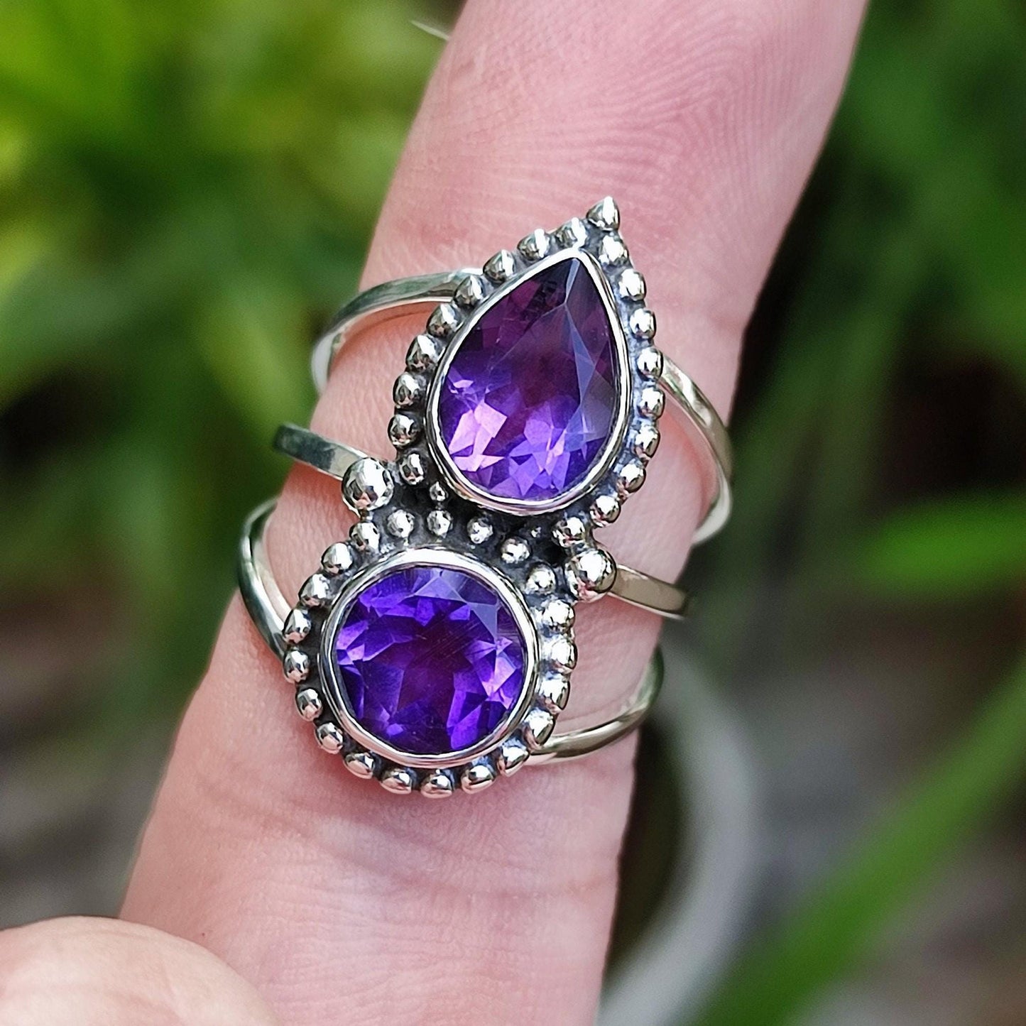 Amethyst Ring, 925 Sterling Silver Statement Promise Ring, Natural Purple Dual Gemstone Handmade Jewelry, February Birthstone, Gift For Her