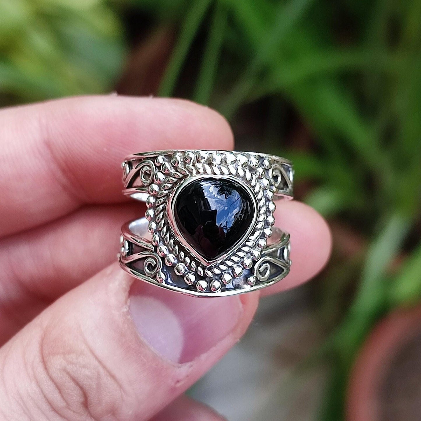 Black Onyx Heart Ring, 925 Sterling Silver Promise Ring, Natural Onyx Gemstone July Birthstone Handmade Boho Jewelry, Unique Gift for Her