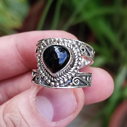 Black Onyx Heart Ring, 925 Sterling Silver Promise Ring, Natural Onyx Gemstone July Birthstone Handmade Boho Jewelry, Unique Gift for Her