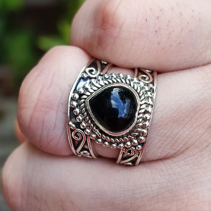 Black Onyx Heart Ring, 925 Sterling Silver Promise Ring, Natural Onyx Gemstone July Birthstone Handmade Boho Jewelry, Unique Gift for Her
