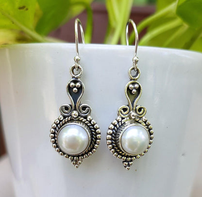 Pearl Earrings, 925 Sterling Silver Dangle Earrings, Freshwater Pearl Handmade Boho Jewelry, June Birthstone, Gift for Her Anniversary
