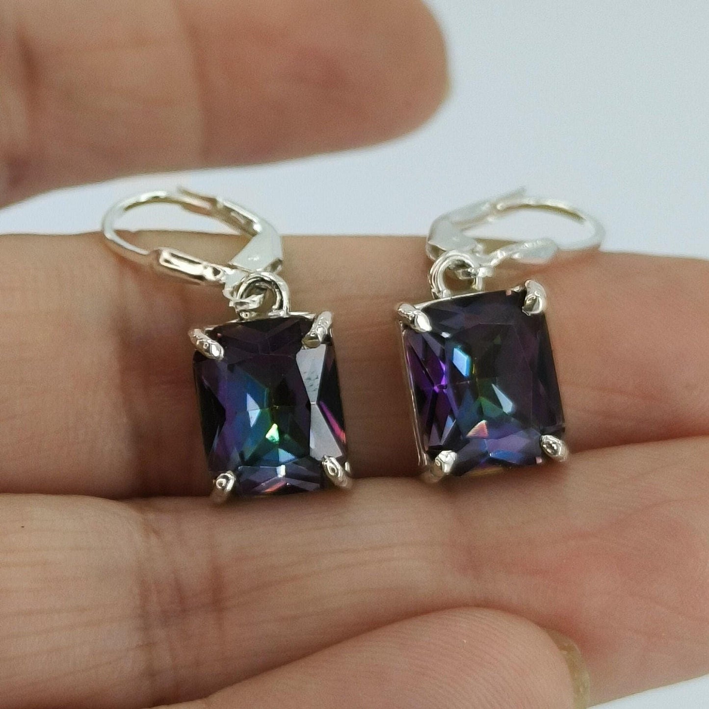 Aurora Mystic Topaz Earrings, Handmade 925 Sterling Silver Dangle Earrings, Octagon Gemstone Jewelry, November Birthstone, Gift For Her