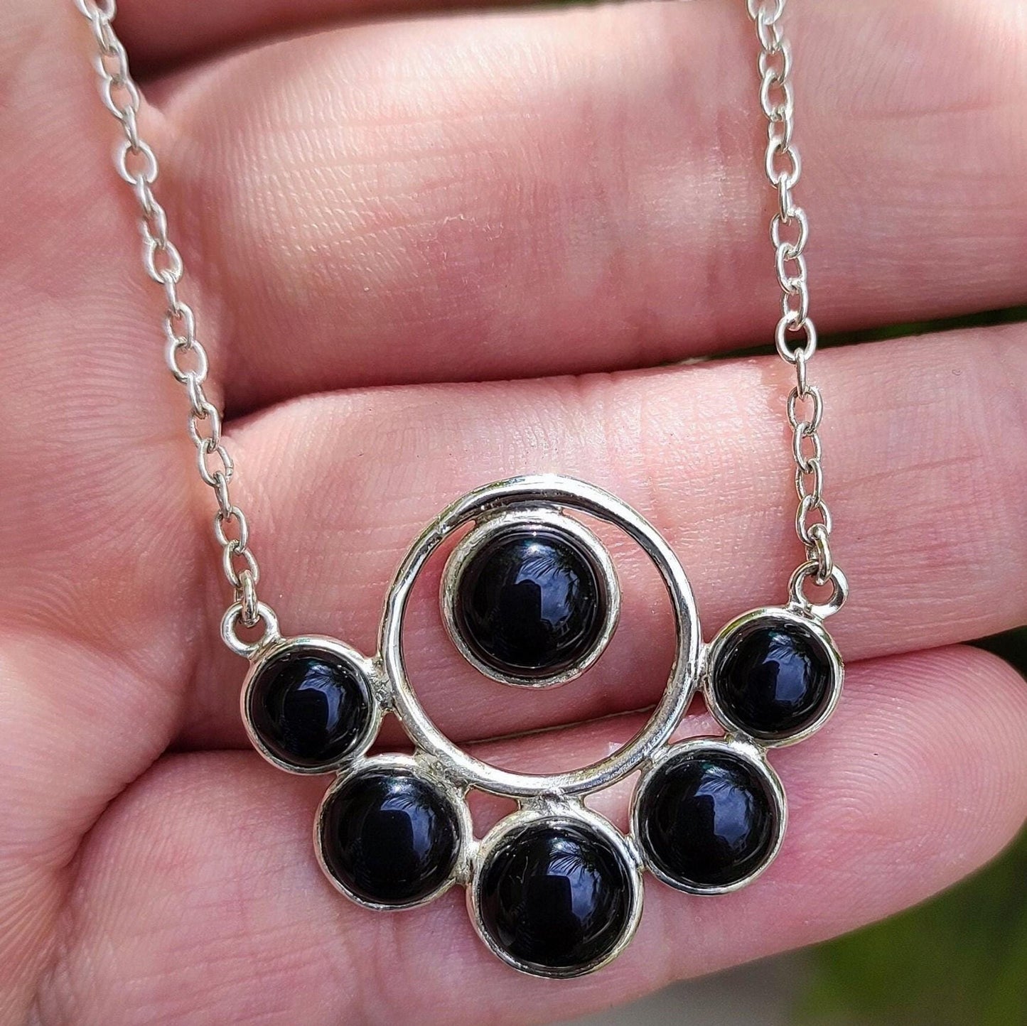 Black Onyx Necklace, 925 Sterling Silver Pendant Chain, Natural Black Gemstone Round Handmade Boho Jewelry, July Birthstone, Gift for Her