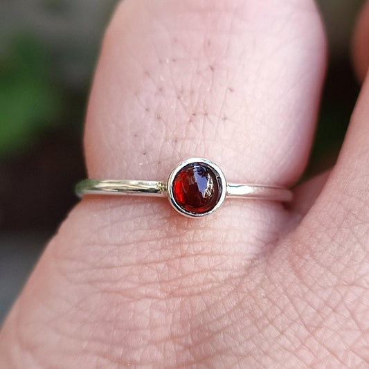 Garnet Ring, 925 Sterling Silver Dainty Promise Ring, Natural Garnet Round Gemstone Handmade Boho Jewelry, January Birthstone, Gift for Her