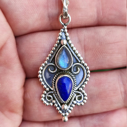 Labradorite, Lapis Lazuli Necklace, 925 Sterling Silver Pendant, Natural Dual Gemstone Handmade Boho Jewelry, Unique Birthstone Gift for Her