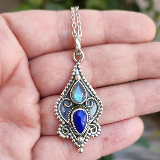 Labradorite, Lapis Lazuli Necklace, 925 Sterling Silver Pendant, Natural Dual Gemstone Handmade Boho Jewelry, Unique Birthstone Gift for Her