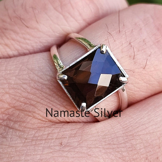 Smoky Quartz Ring, 925 Sterling Silver Handmade Statement Ring, Natural Smoky Quartz Cushion Checker Cut Gemstone Jewelry, Birthstone Gift