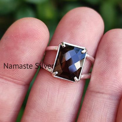 Smoky Quartz Ring, 925 Sterling Silver Handmade Statement Ring, Natural Smoky Quartz Cushion Checker Cut Gemstone Jewelry, Birthstone Gift