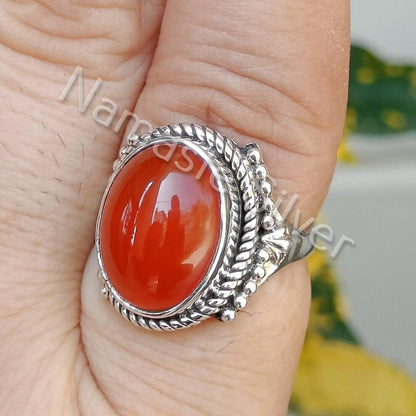 Carnelian Ring, 925 Sterling Silver Statement Promise Ring, Natural Red Carnelian Oval Gemstone Handmade Boho Jewelry, Gift for Her Birthday