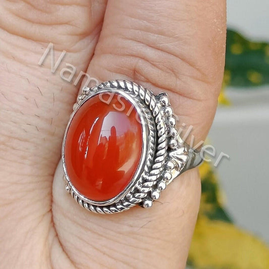 Carnelian Ring, 925 Sterling Silver Statement Promise Ring, Natural Red Carnelian Oval Gemstone Handmade Boho Jewelry, Gift for Her Birthday