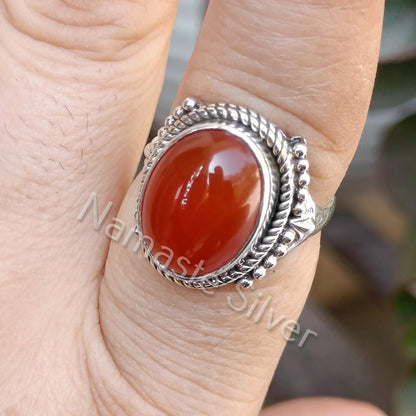 Carnelian Ring, 925 Sterling Silver Statement Promise Ring, Natural Red Carnelian Oval Gemstone Handmade Boho Jewelry, Gift for Her Birthday